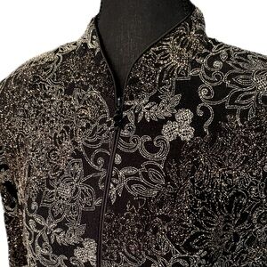 Vintage 80s 90s Jeanne Alexander Woman Black Gold Sparkle Glitter Zip Jacket: 1X